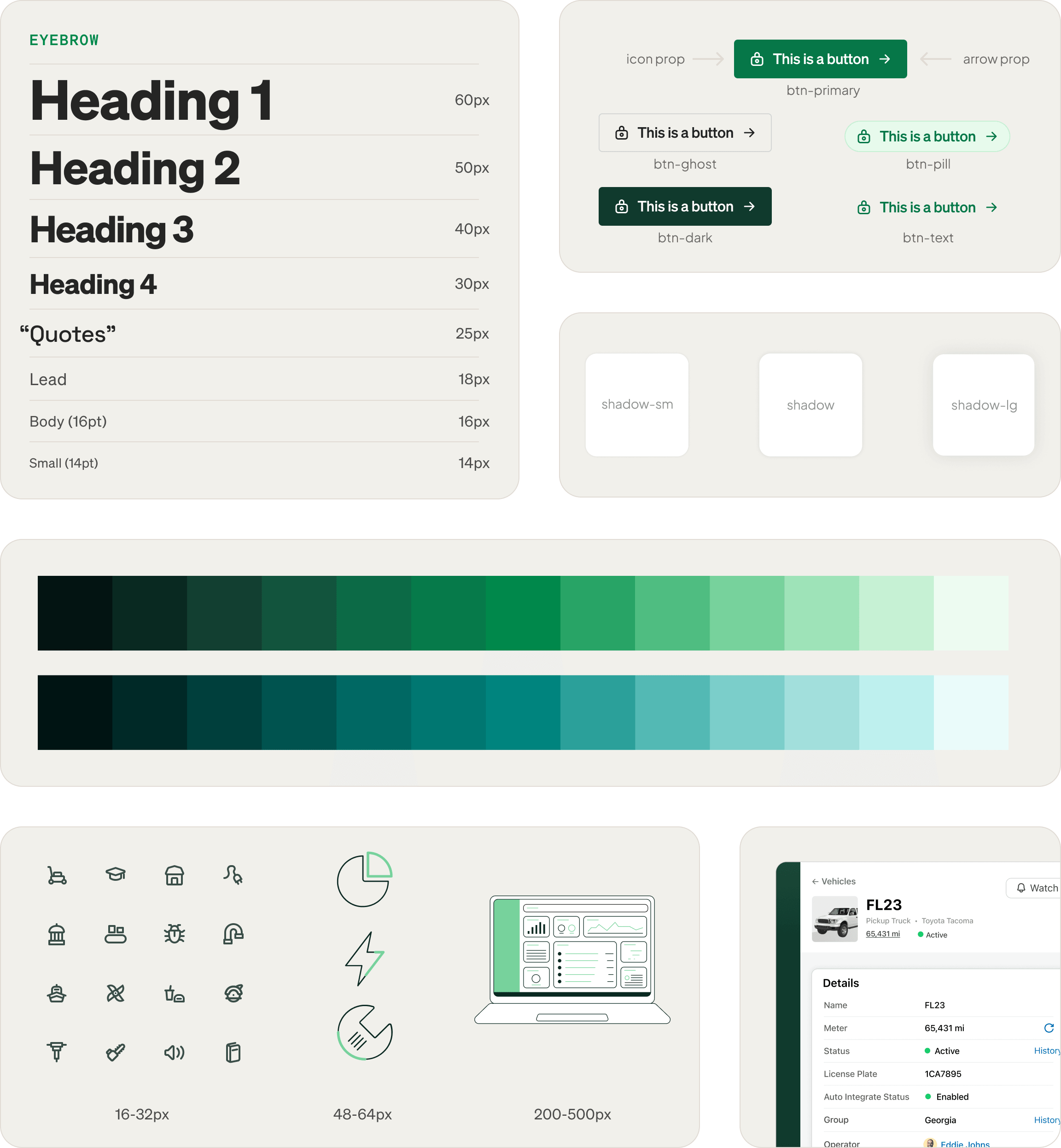 Typography scale with headings and body text sizes, examples of button styles, shadow effect samples, color palettes, icon sizes, and a partial vehicle management software screen.