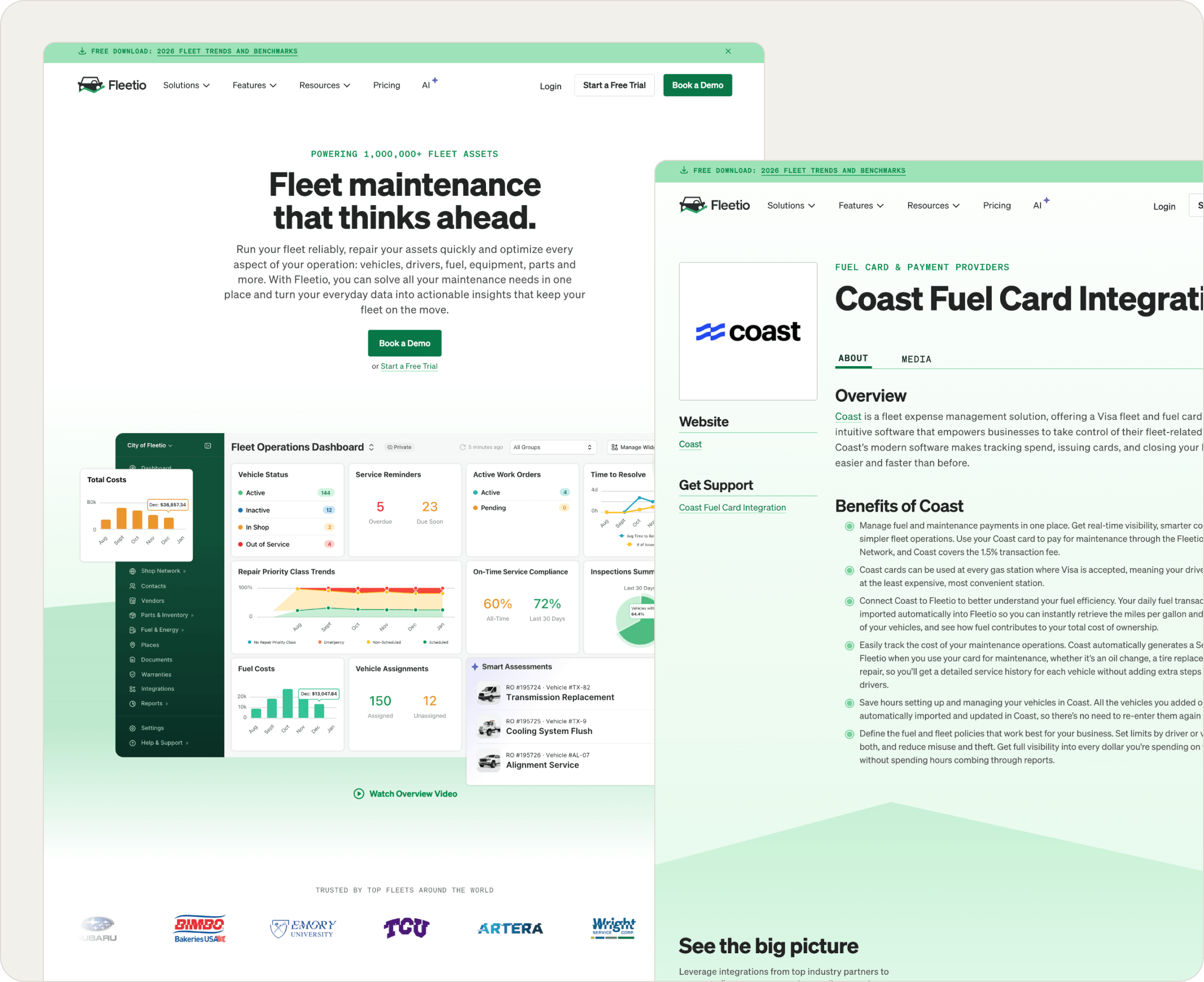 Two Fleetio webpages showing Fleetio home screen and integration page
