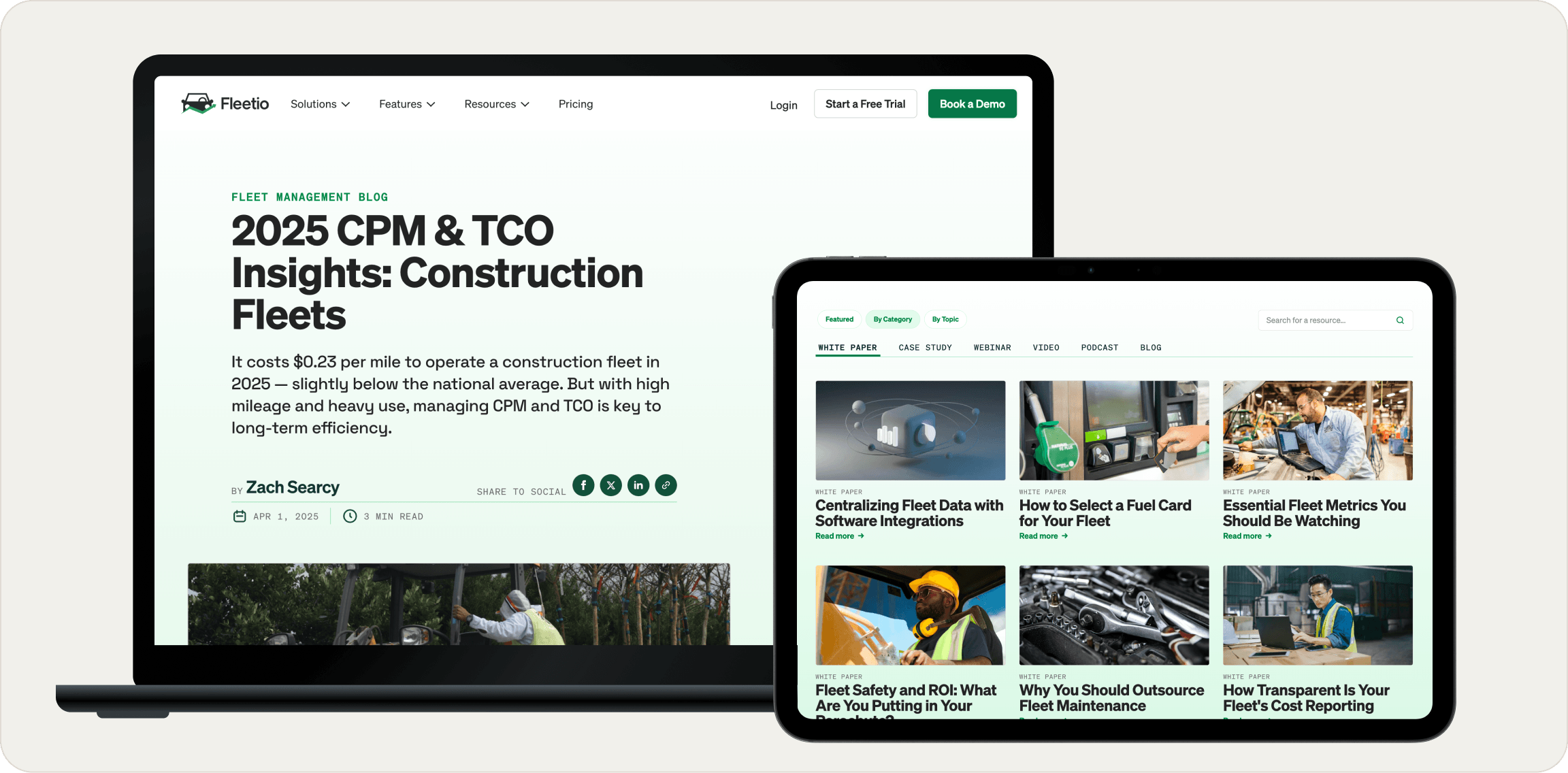 Construction equipment management software webpage showing fleet job management features and partner logos.