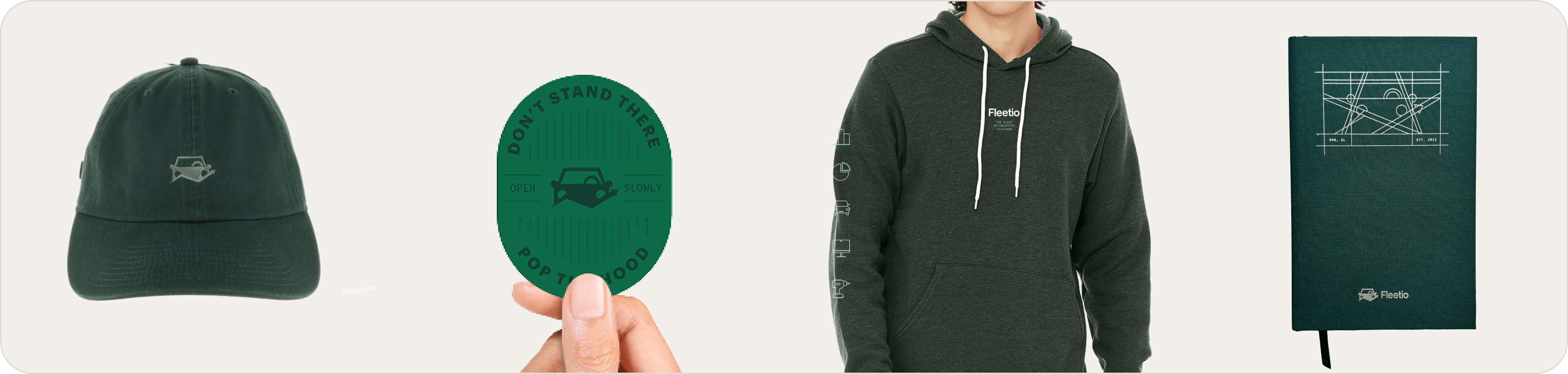 Showing examples of Fleetio branded swag